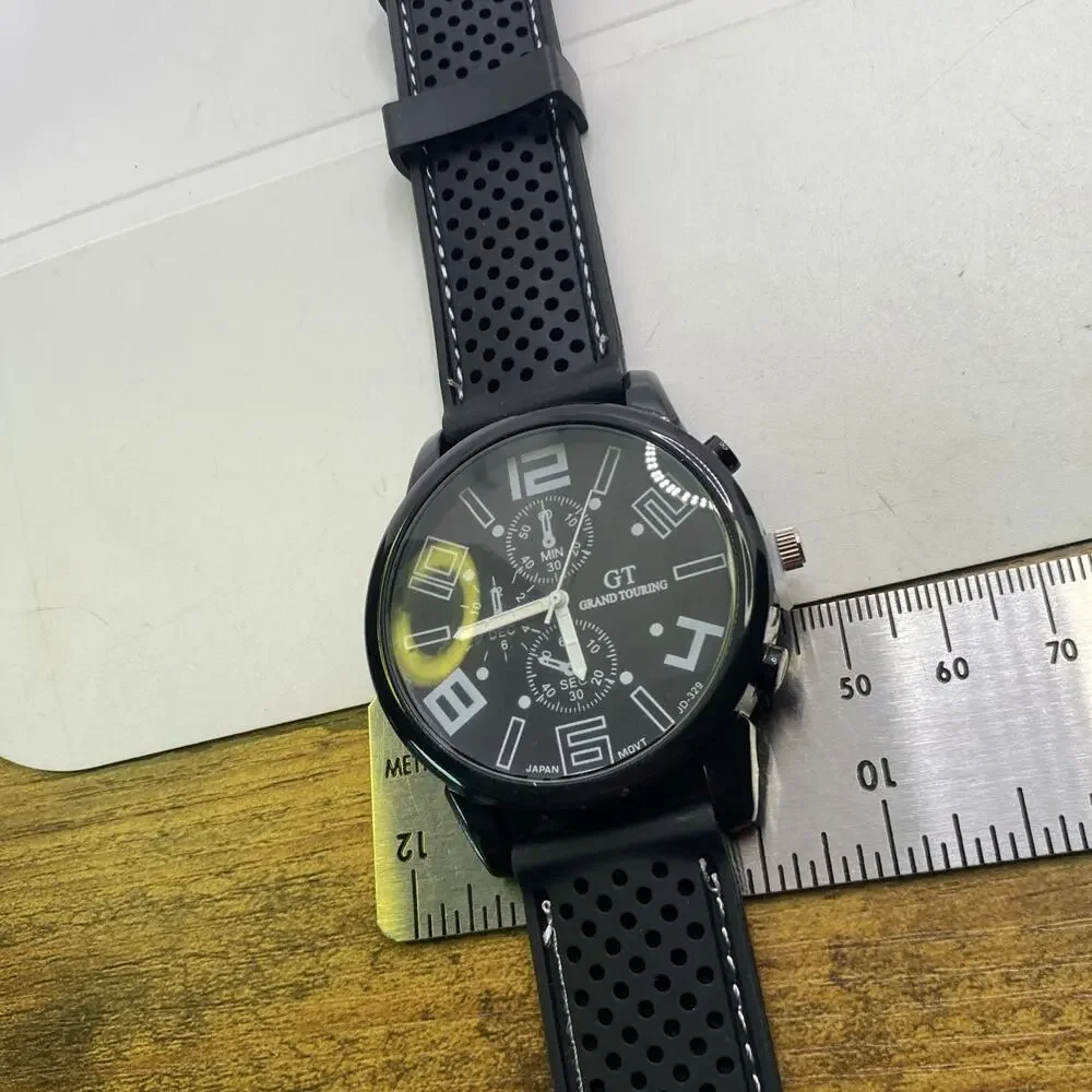 GT Mens Racing Style Rugged Rubber Black Watch New Battery